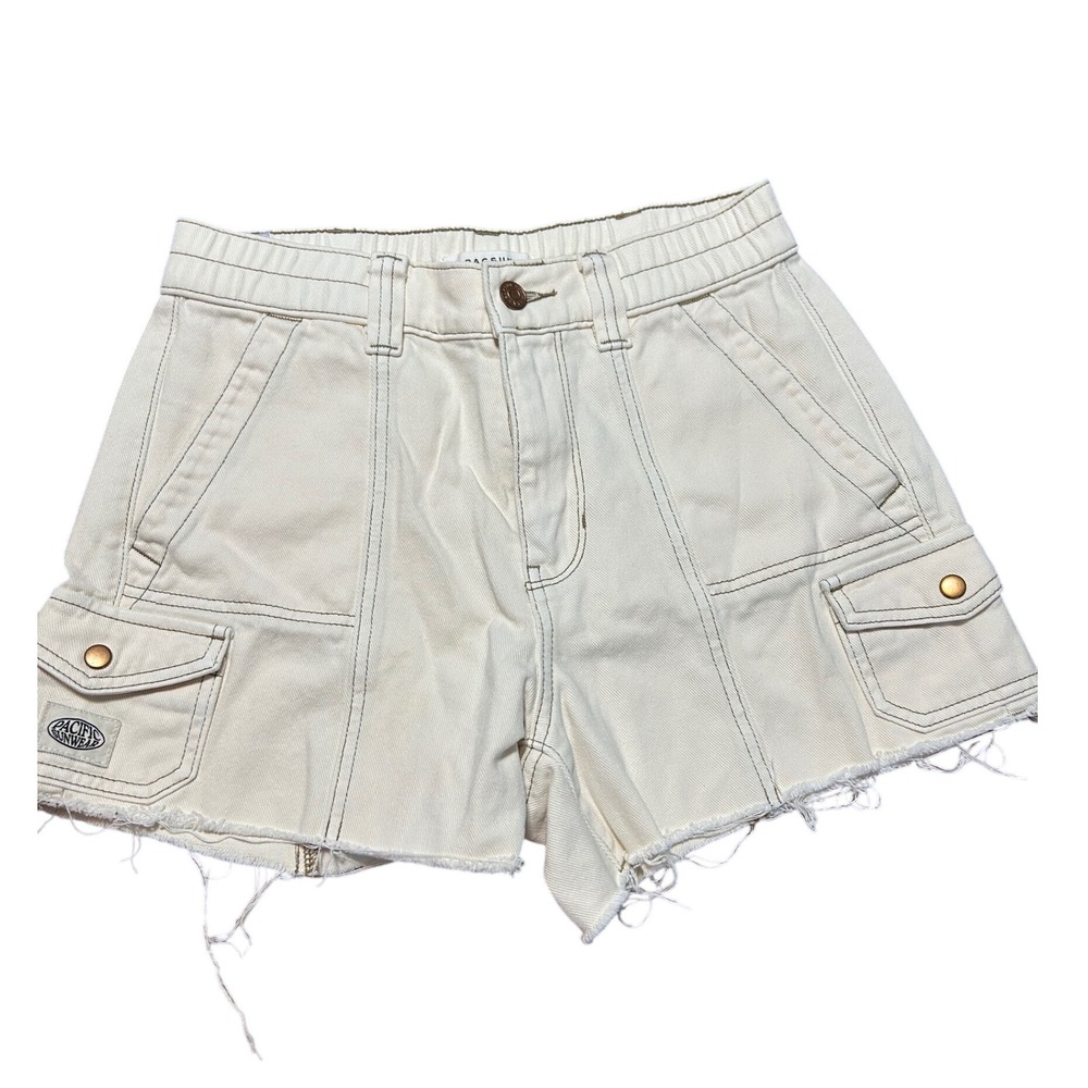 PacSun High Rise‎ Cutoff Cargo Shorts Off White Denim Size S Contrast Stitch